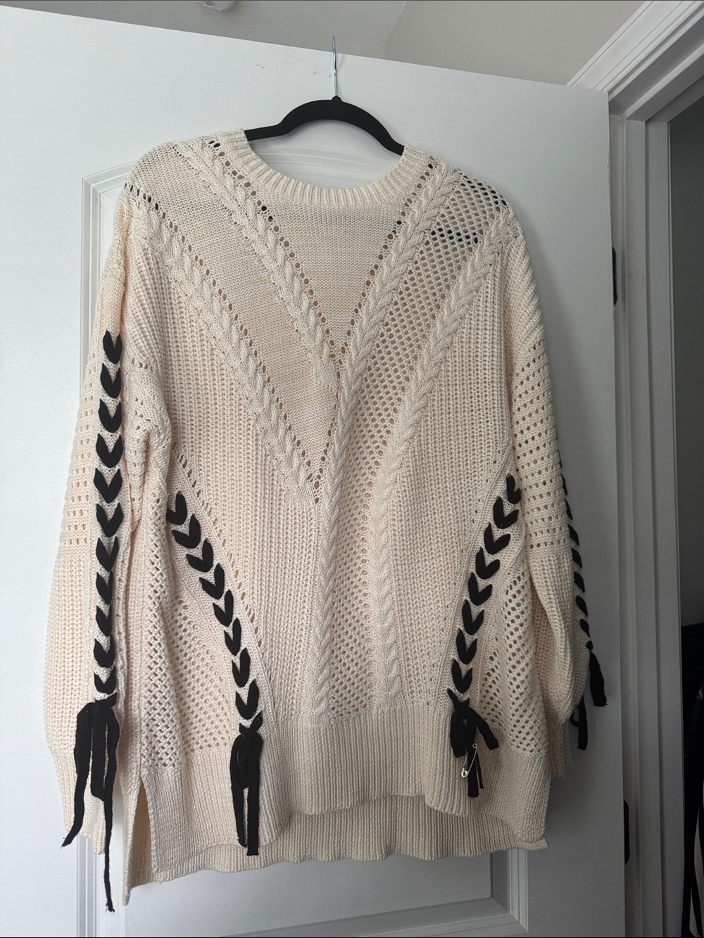 Willow & Clay Cream Knit Sweater with Black Braid Accents